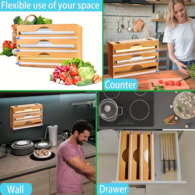 3-in-1 Bamboo Wrap Dispenser with Sliding Cutter & Labels -