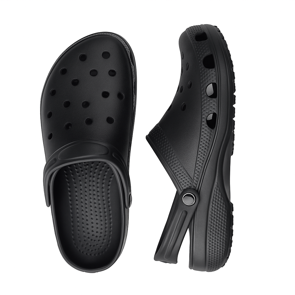 Black clogs with a strap on a white background