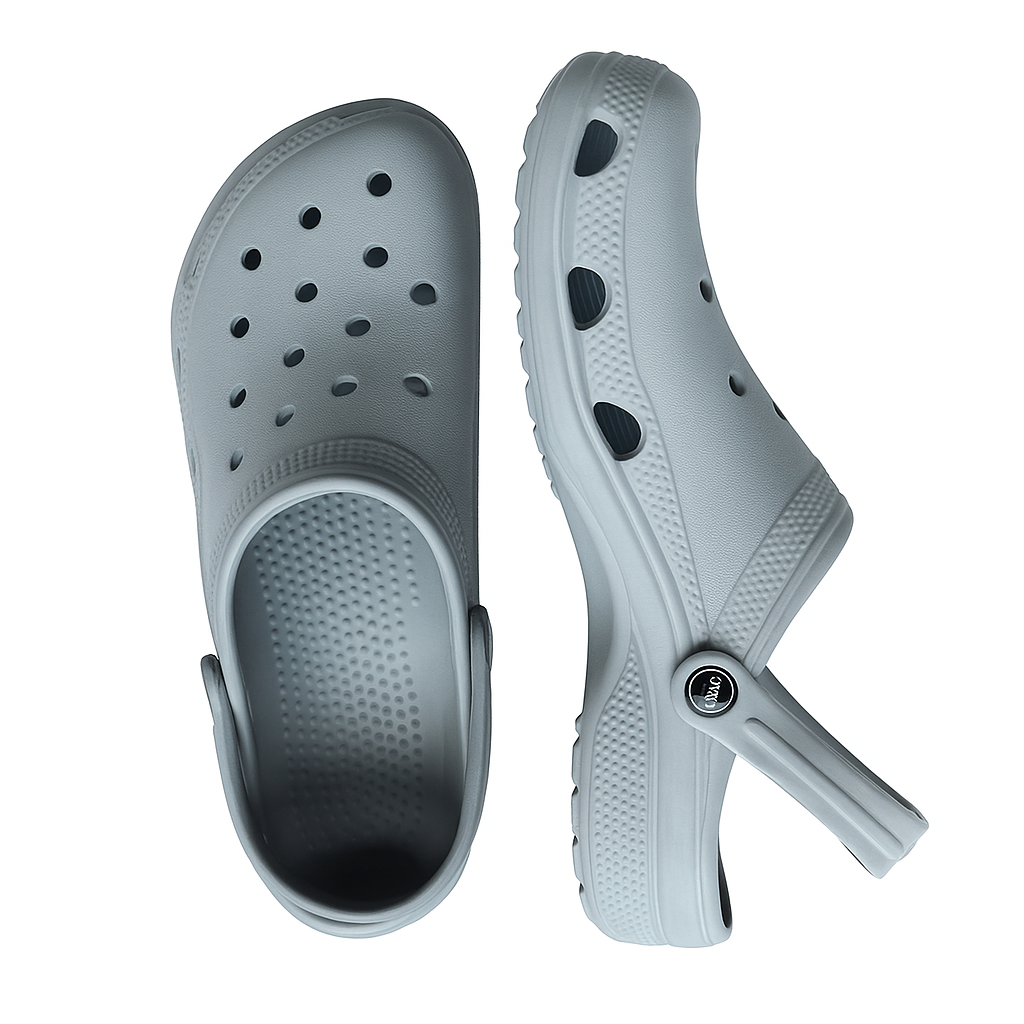 Gray clogs with a white sole on a white background