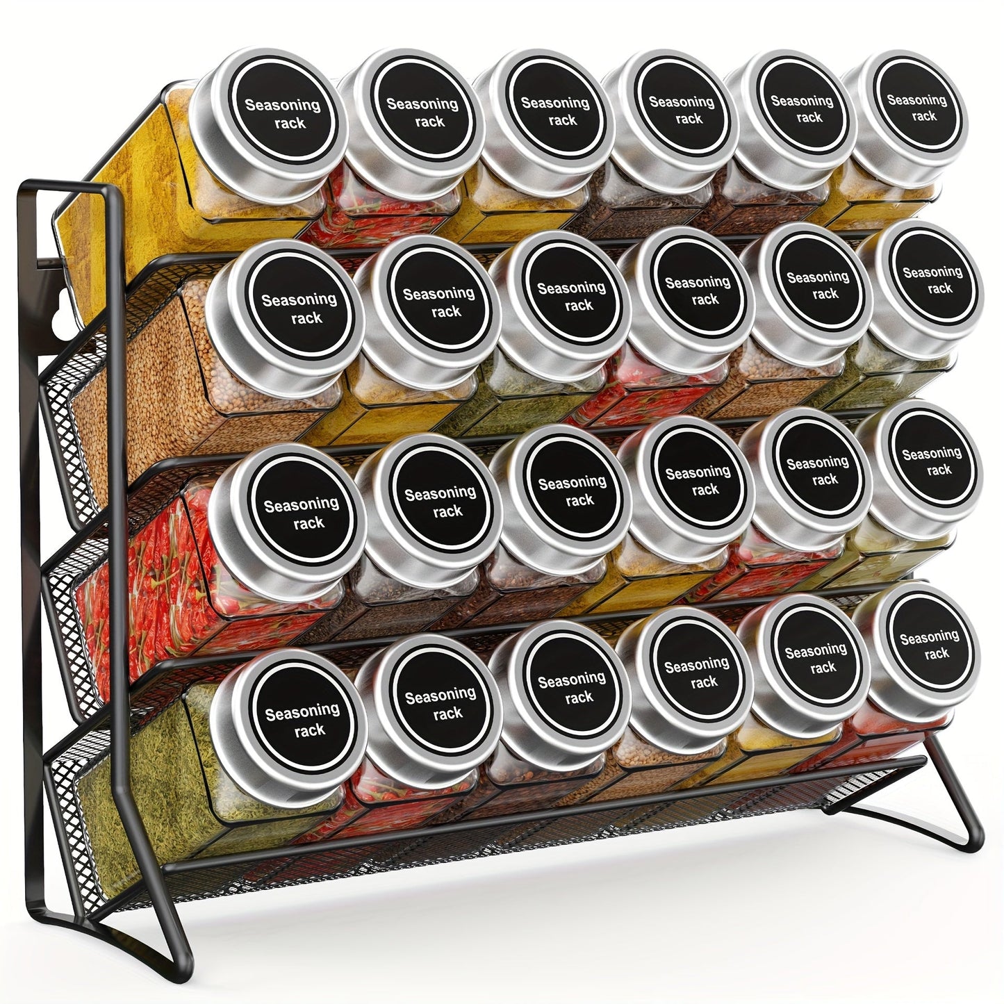 4-tier black metal spice rack with multifunctional spice jars for wall or countertop kitchen storage