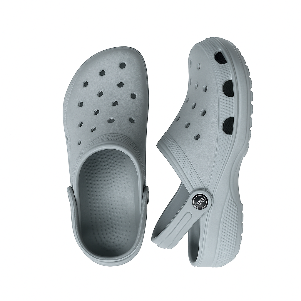 Gray clogs with a white sole on a white background