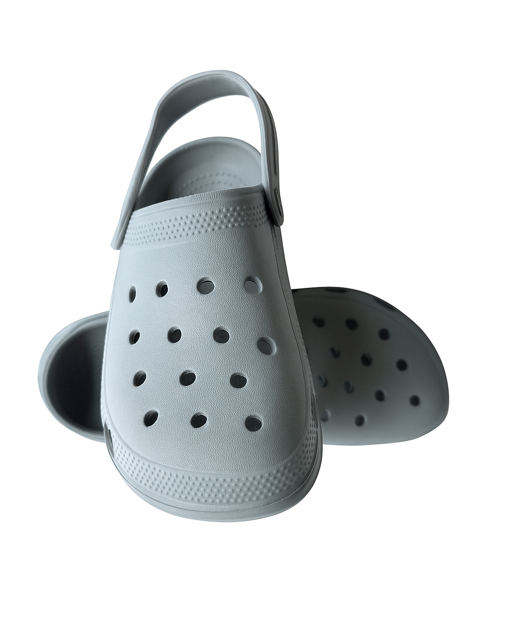 Light gray clogs with a strap on a white background