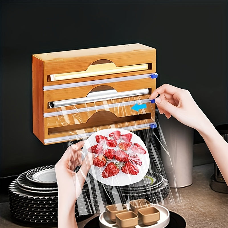 3-in-1 Bamboo Wrap Dispenser with Sliding Cutter & Labels -
