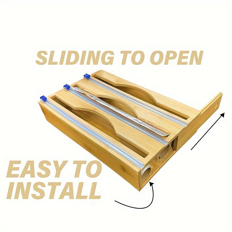 3-in-1 Bamboo Wrap Dispenser with Sliding Cutter & Labels -