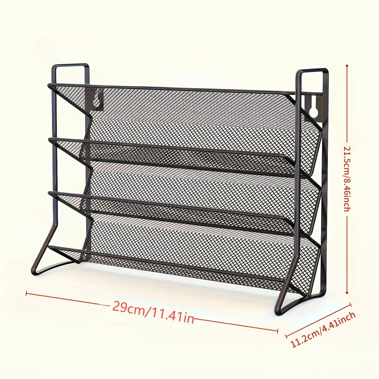 Black metal magazine rack with dimensions on a white background
