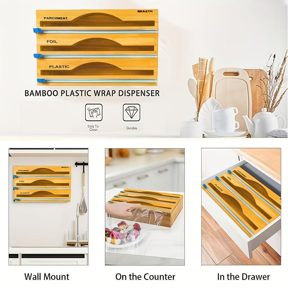 3-in-1 Bamboo Wrap Dispenser with Sliding Cutter & Labels -