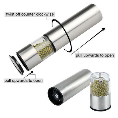 2 Pack Rechargeable Stainless Steel Electric Salt & Pepper Grinder Set – Gravity Automatic Mills with Adjustable Coarseness, LED Light, One-Hand Operation, Battery Powered