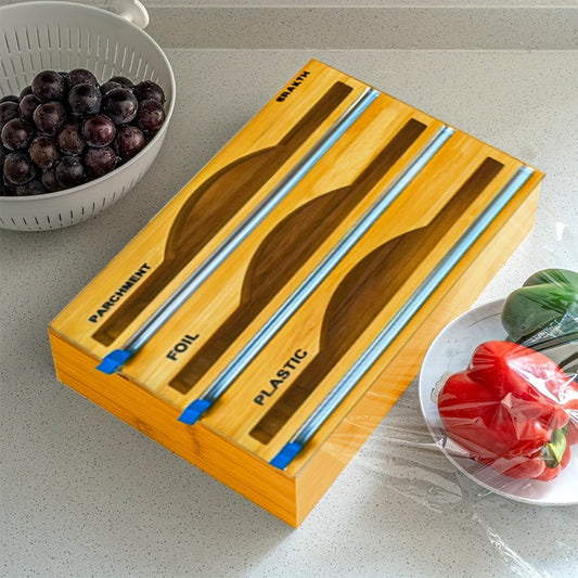 3-in-1 Bamboo Wrap Dispenser with Sliding Cutter & Labels -